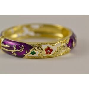 Purple Enamel Openwork Clamper Bracelet Red Green Gold Clear Rhinestones